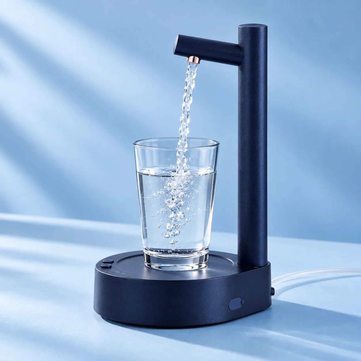 Navy tabletop water dispenser pouring into a clear glass, with a hose connected behind the base