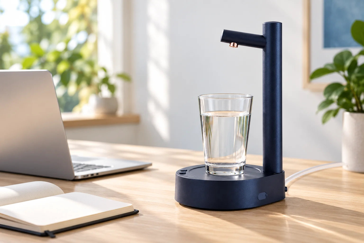 Navy water dispenser and a glass of water beside a laptop on a home office desk